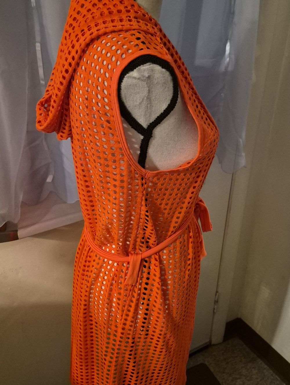 WOXUAN Neon Orange Open Front Eyelet Mesh Hooded Beach Coverup/Duster & Belt - Picture 3 of 10